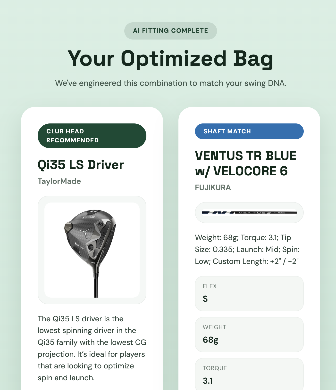 Swingify AI fitting and bag recommendation preview